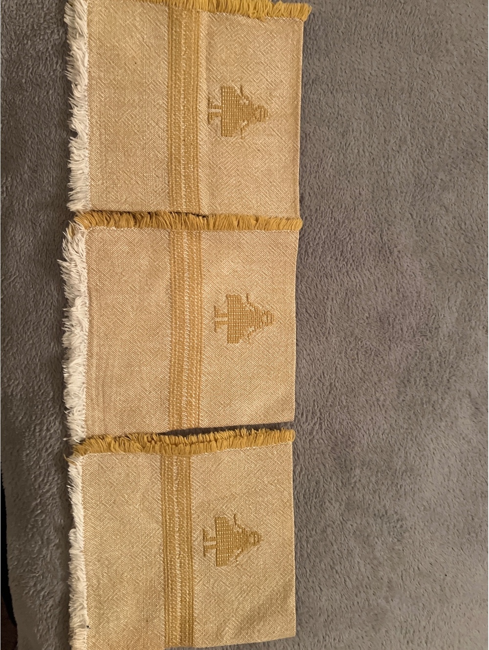 Set of 3 Vintage Beige and Mustard Woven Placemats with Fringe